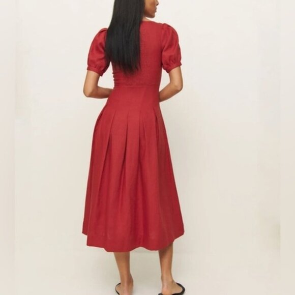 NEW Reformation Coucou Midi Linen Dress Sundried Tomato Red | US 2 UK 6 - Picture 3 of 15
